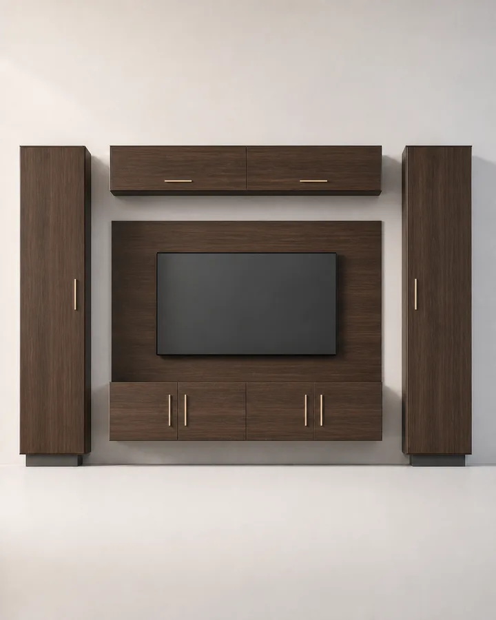Simetrik Kuleli TV Duvar Ünitesi, Bergamo Ceviz yüzey, ön görünüm
