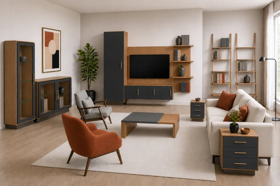 Oturma Odası konsept görseli (3D), Antrasit + Terra Meşe paketi